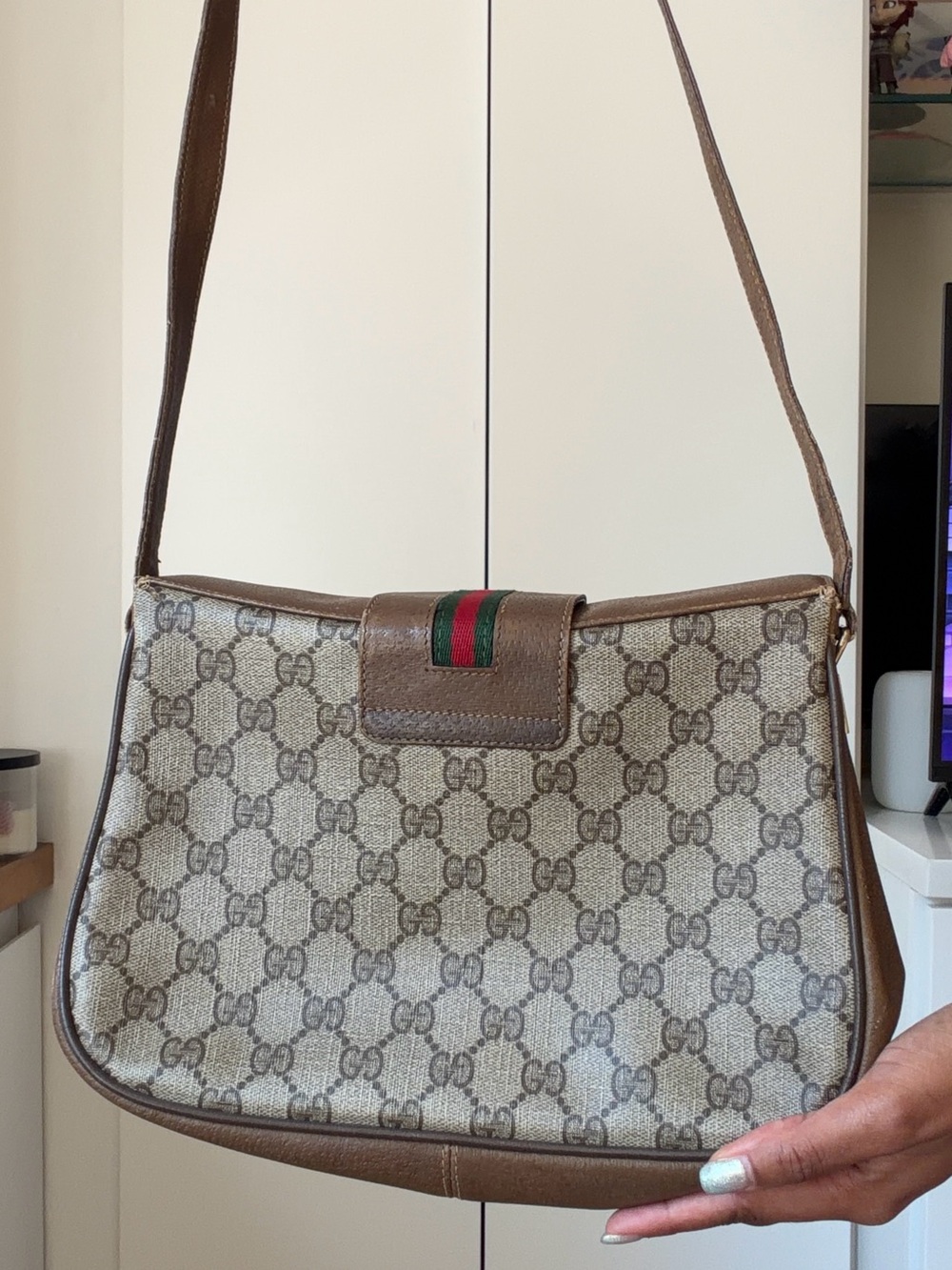 Authentic Gucci Vintage GG Supreme Web Canvas Shoulder Bag Brown Leather - Picture 2 of 7